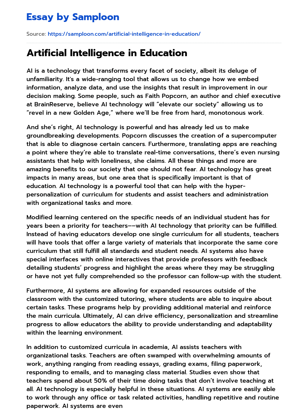 ≫ Artificial Intelligence in Education Free Essay Sample on