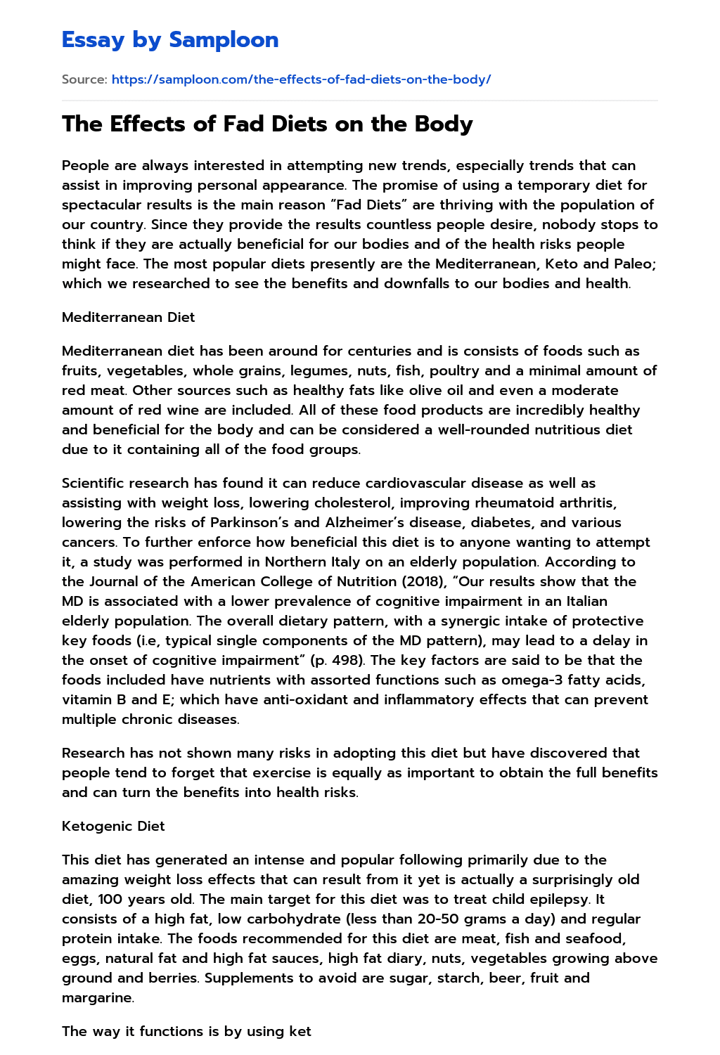 ≫ The Effects of Fad Diets on the Body Free Essay Sample on