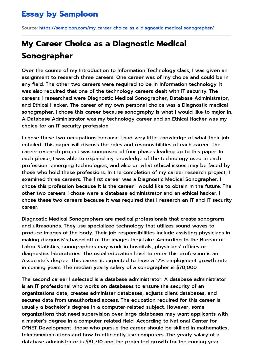 ≫ My Career Choice as a Diagnostic Medical Sonographer Free Essay