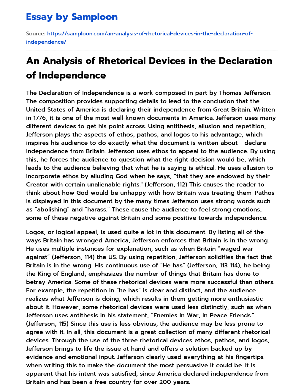 ≫ An Analysis of Rhetorical Devices in the Declaration of Independence