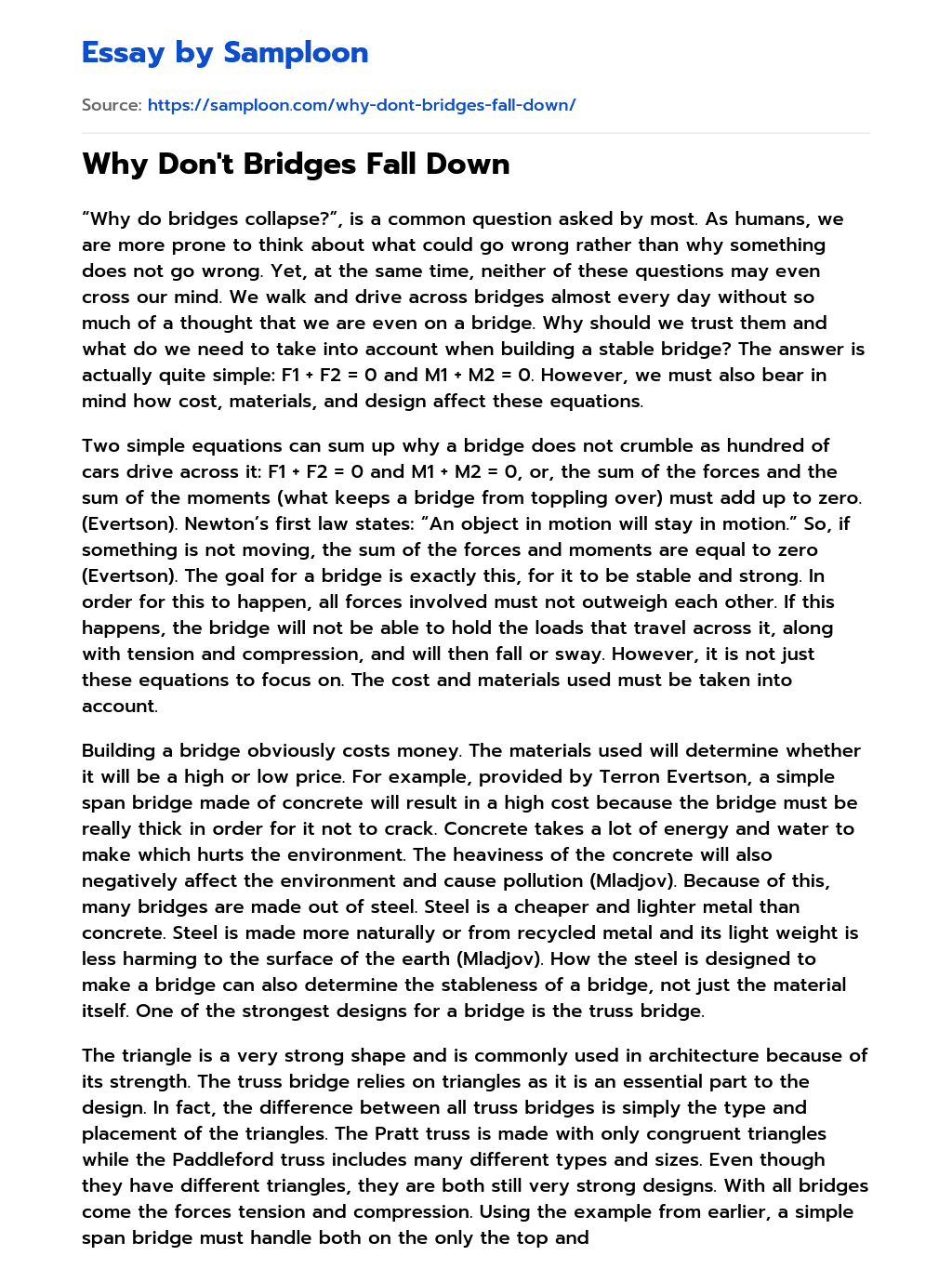 ≫ Why Don't Bridges Fall Down Free Essay Sample on