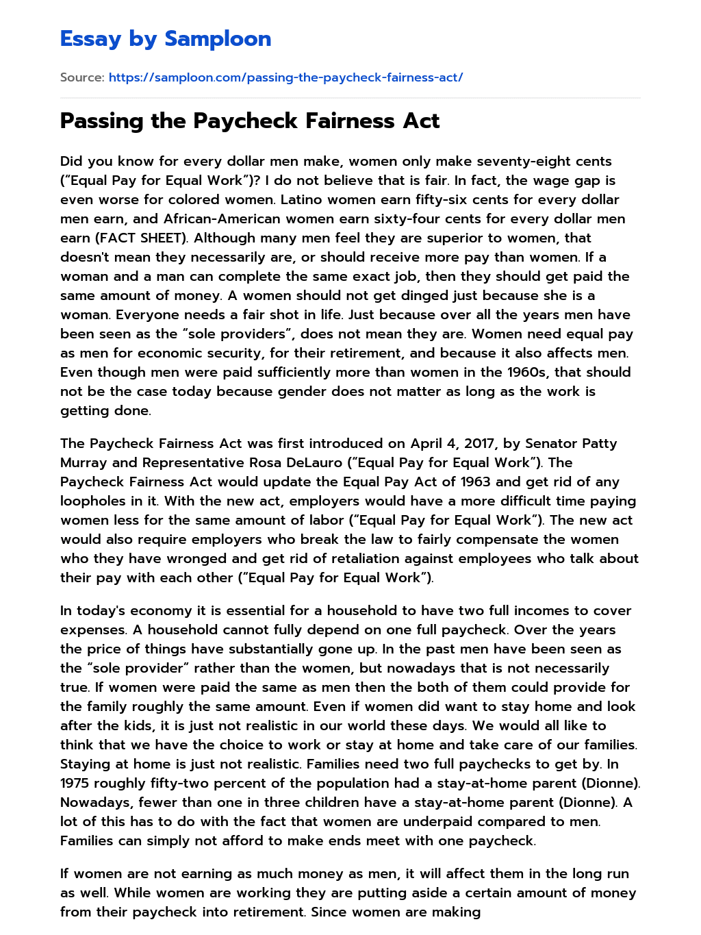≫ Passing the Paycheck Fairness Act Free Essay Sample on