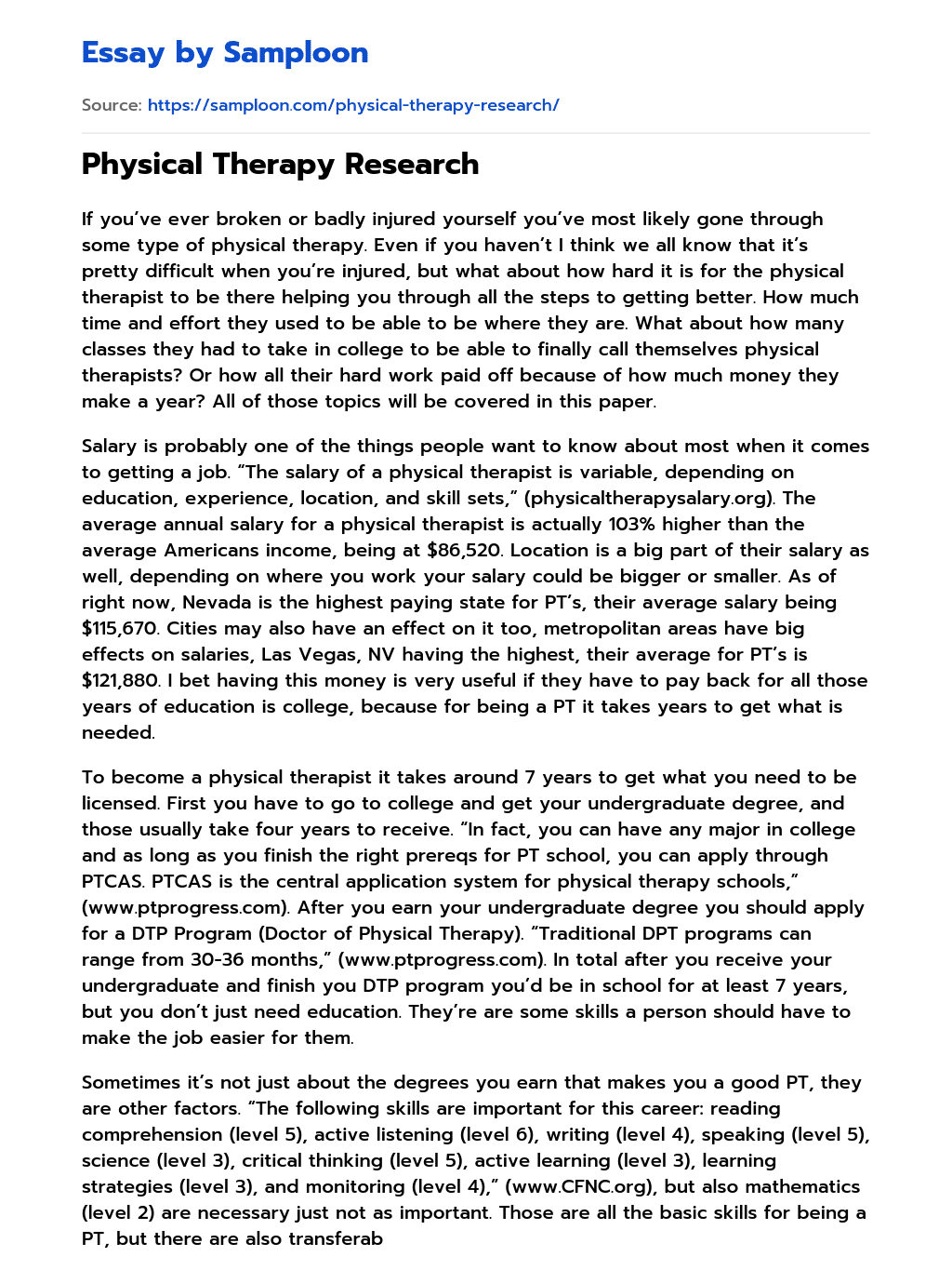 ≫ Physical Therapy Research Free Essay Sample on