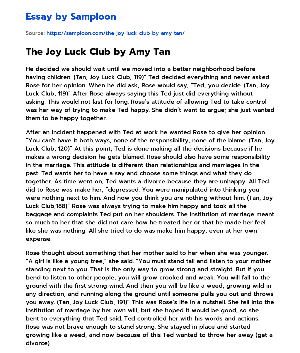 ≫ The Joy Luck Club by Amy Tan Free Essay Sample on