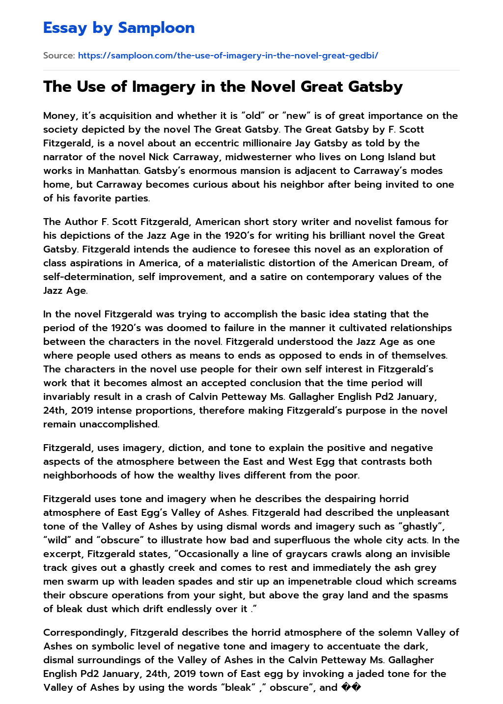 ≫ The Use of Imagery in the Novel Great Gatsby Free Essay Sample on