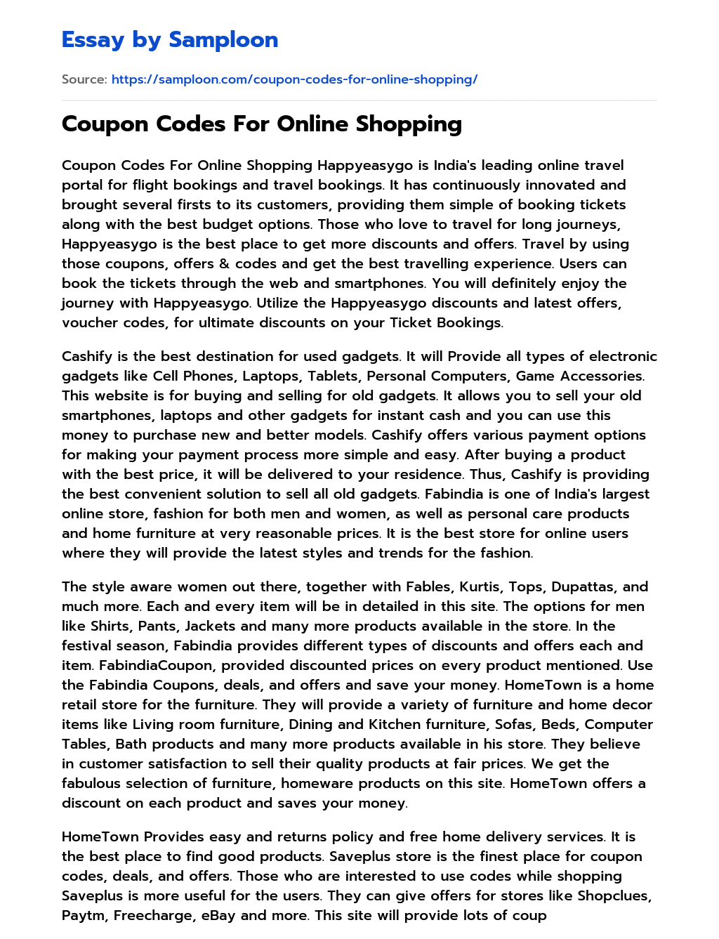 ≫ Coupon Codes For Online Shopping Free Essay Sample on