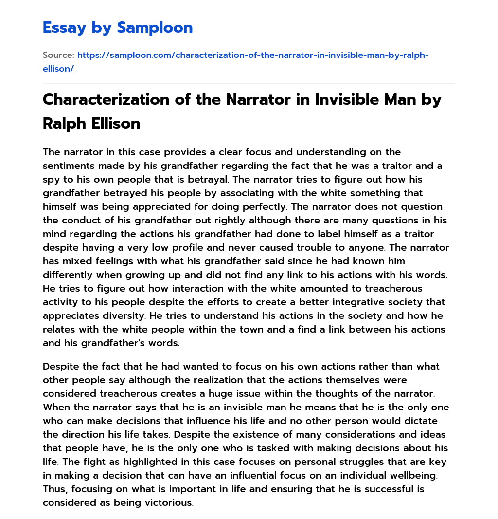 ≫ Characterization of the Narrator in Invisible Man by Ralph Ellison