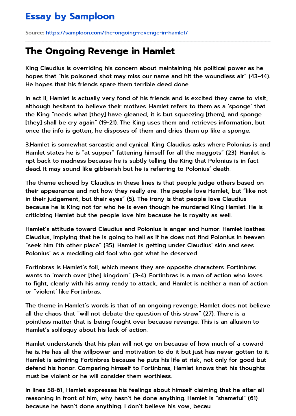 ≫ The Ongoing Revenge in Hamlet Free Essay Sample on