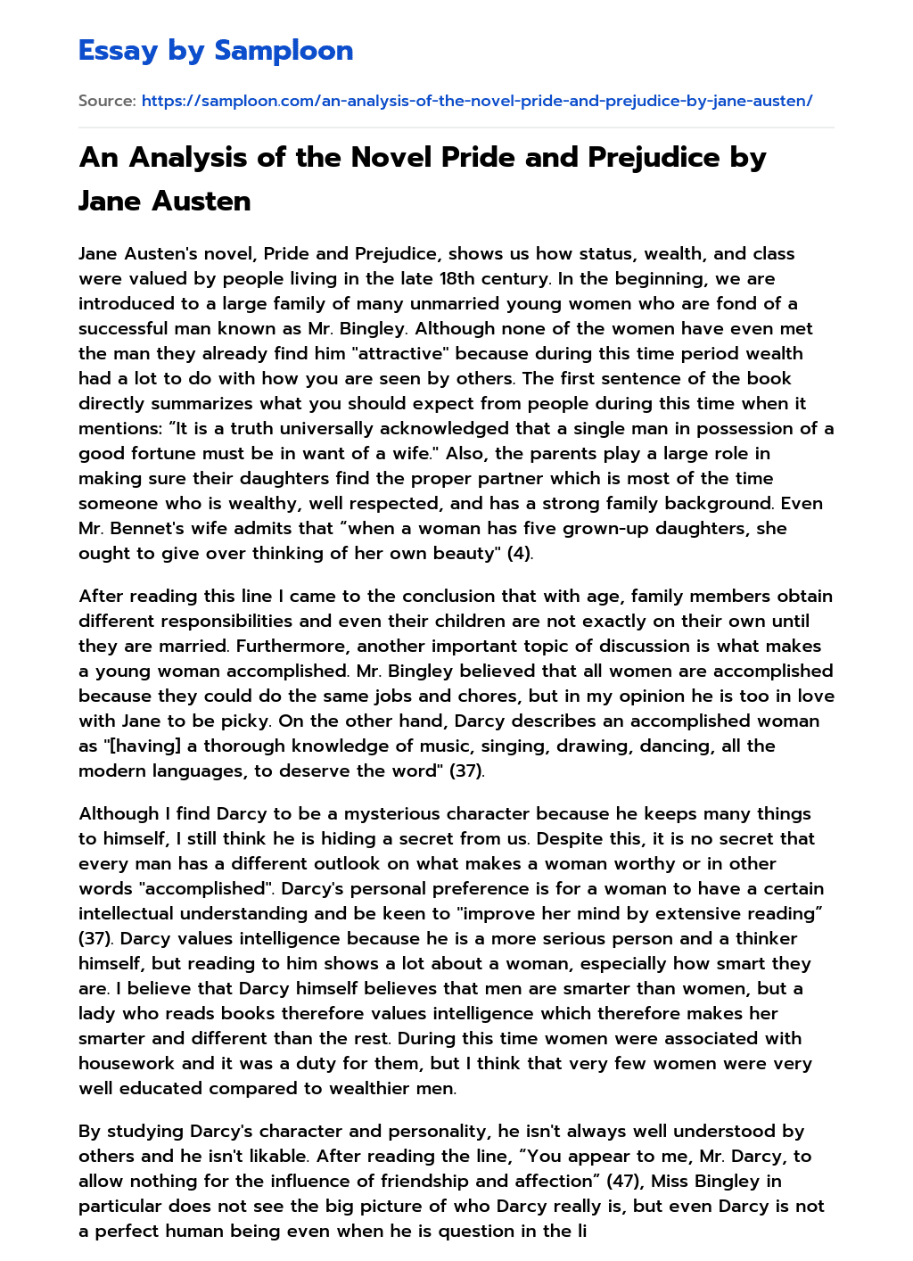 ≫ An Analysis of the Novel Pride and Prejudice by Jane Austen Free