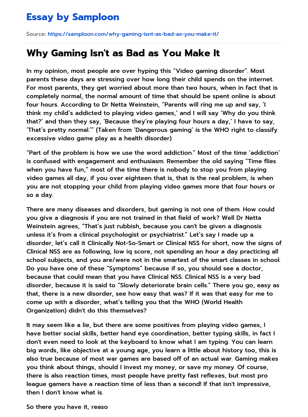 ≫ Why Gaming Isn't as Bad as You Make It Free Essay Sample on