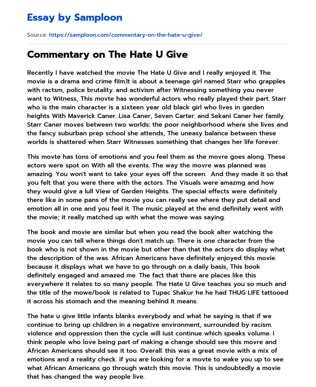≫ Commentary on The Hate U Give Free Essay Sample on