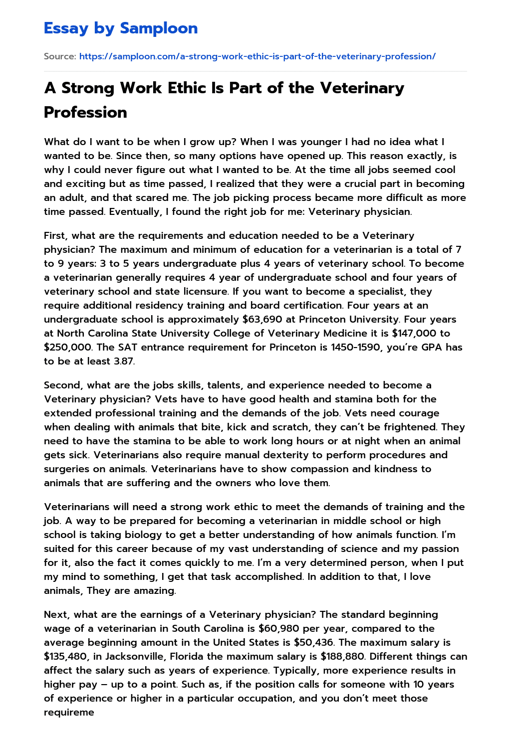 ≫ A Strong Work Ethic Is Part of the Veterinary Profession Free Essay