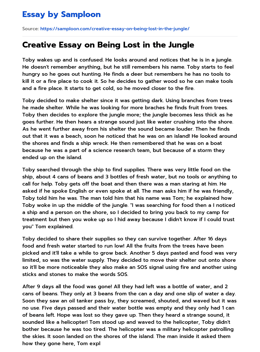 ≫ Creative Essay on Being Lost in the Jungle Free Essay Sample on