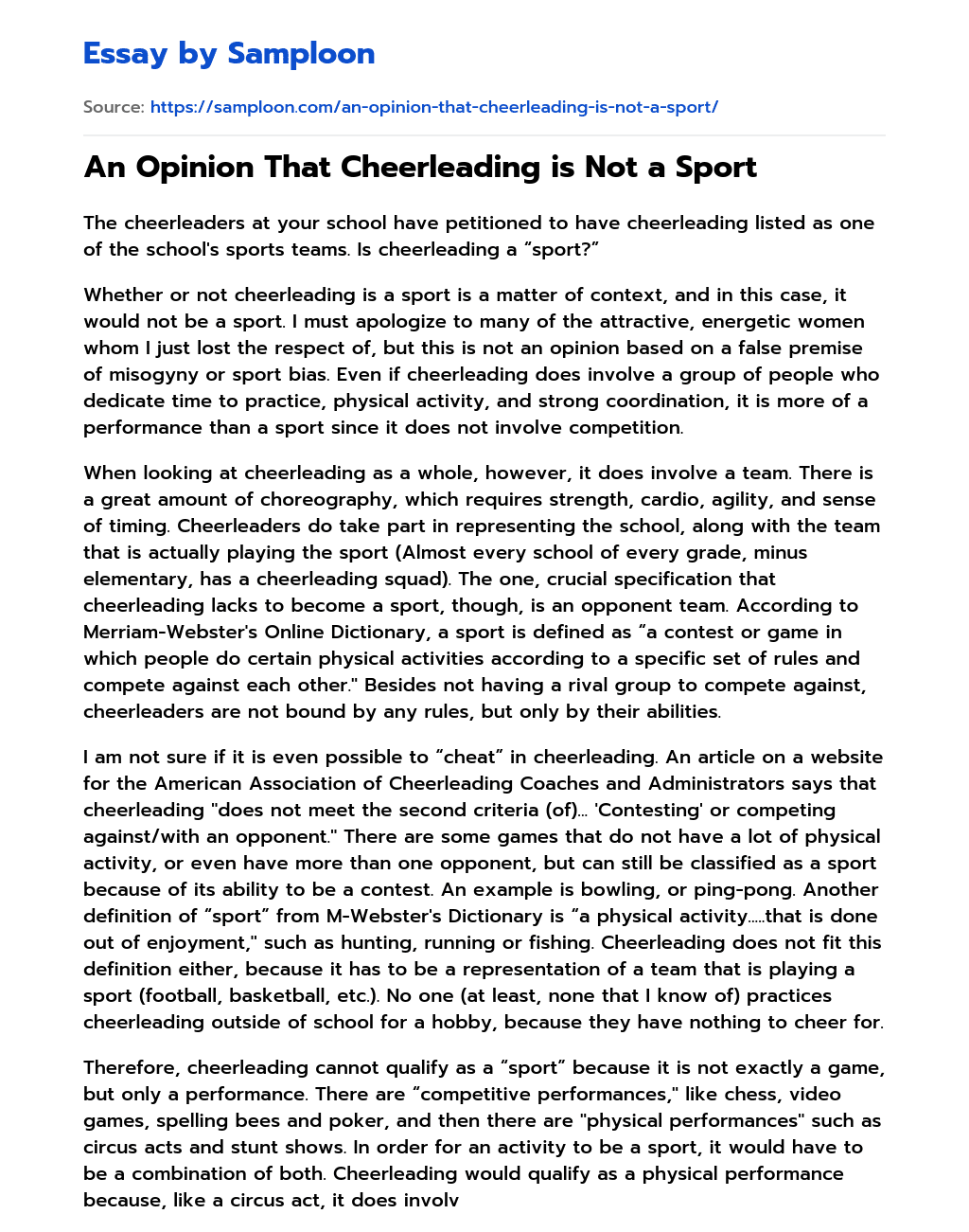 ≫ An Opinion That Cheerleading is Not a Sport Free Essay Sample on