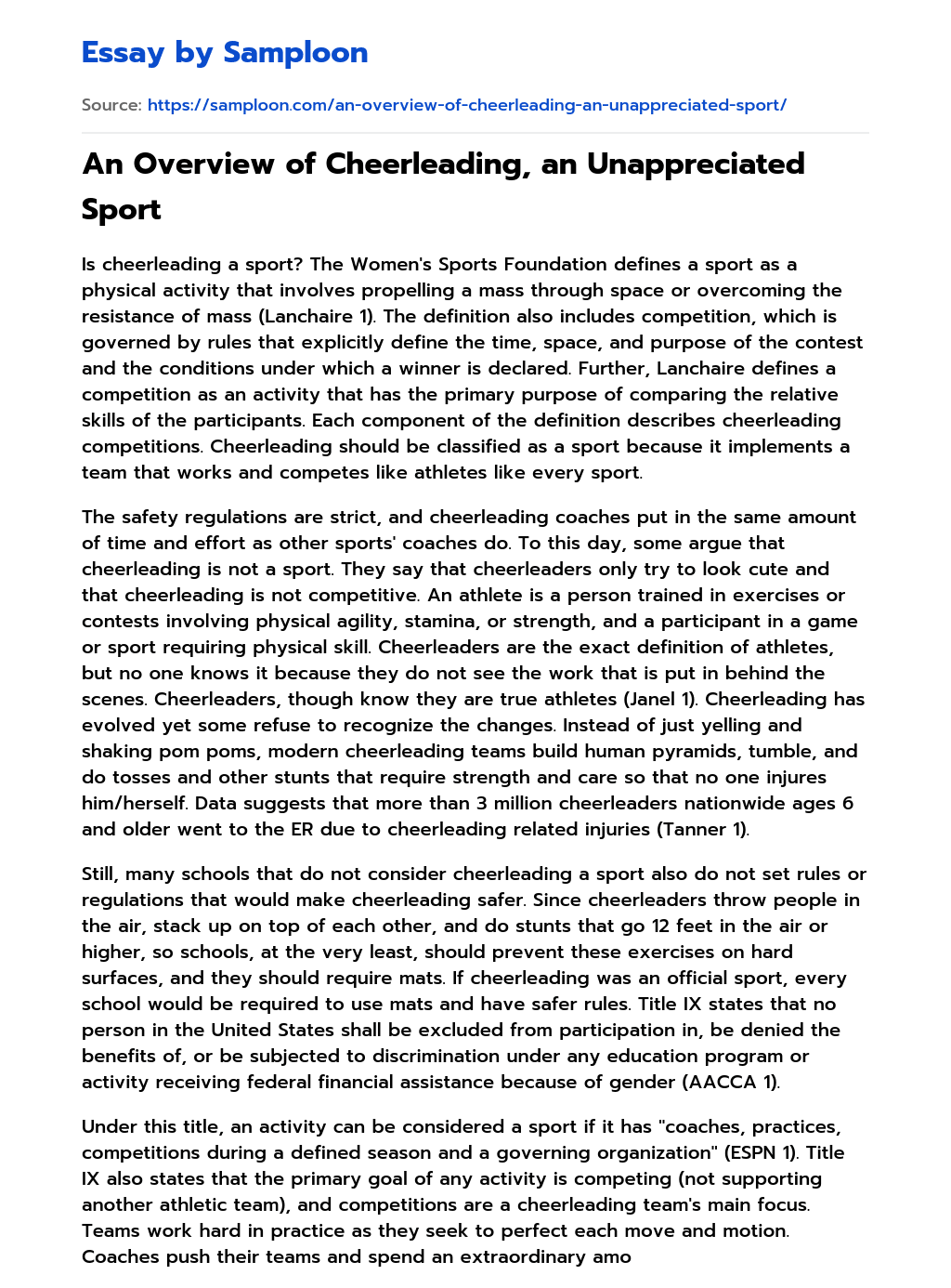 ≫ An Overview of Cheerleading, an Unappreciated Sport Free Essay Sample