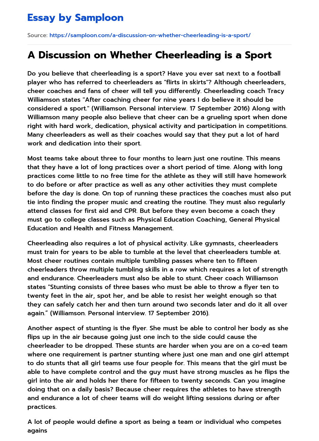 ≫ A Discussion on Whether Cheerleading is a Sport Free Essay Sample on