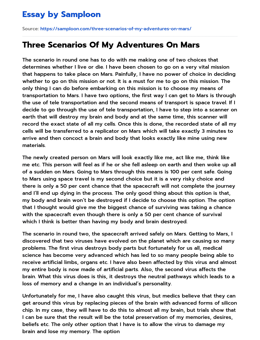 ≫ Three Scenarios Of My Adventures On Mars Free Essay Sample on