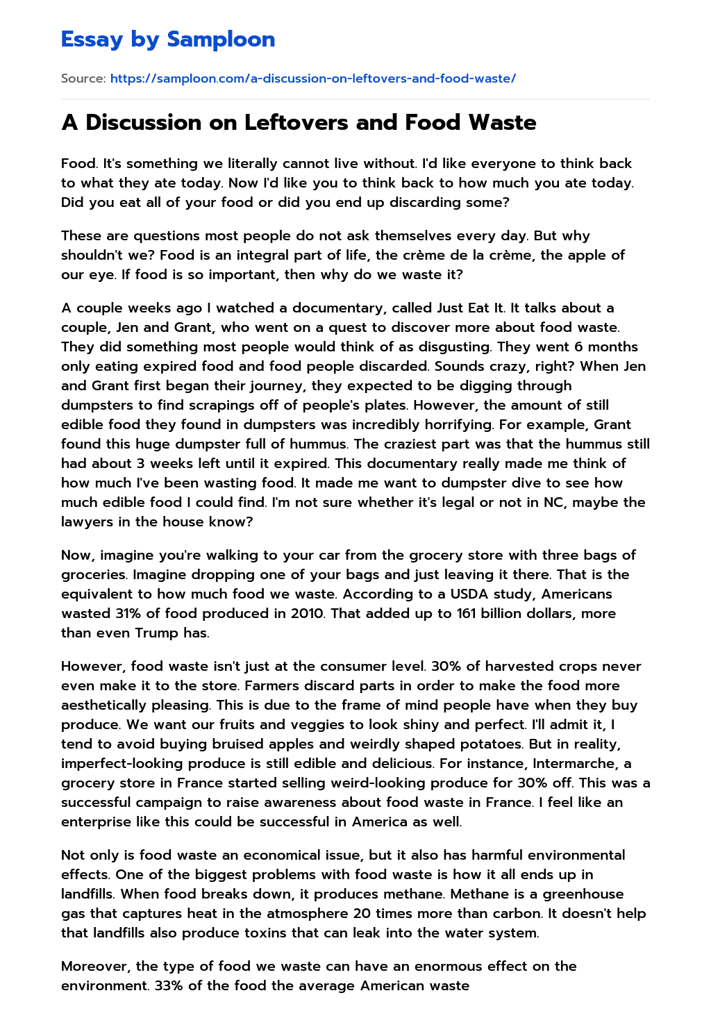 ≫ A Discussion on Leftovers and Food Waste Free Essay Sample on