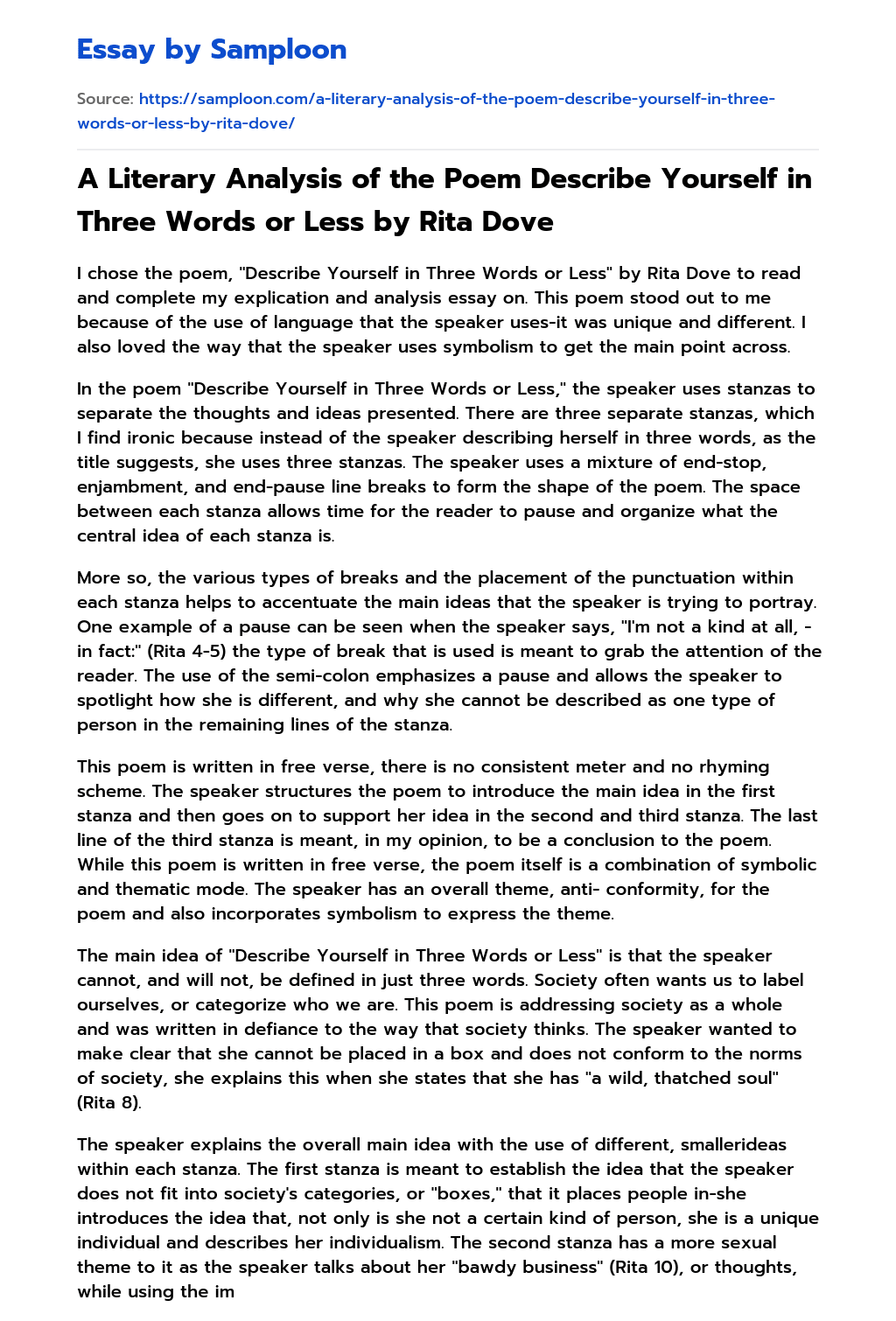 ≫ A Literary Analysis of the Poem Describe Yourself in Three Words or