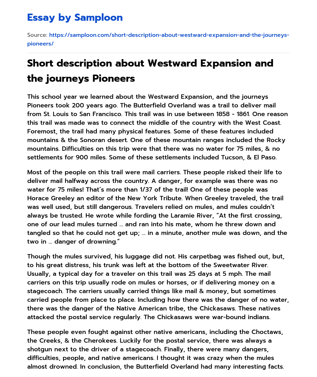 ≫ Short description about Westward Expansion and the journeys Pioneers