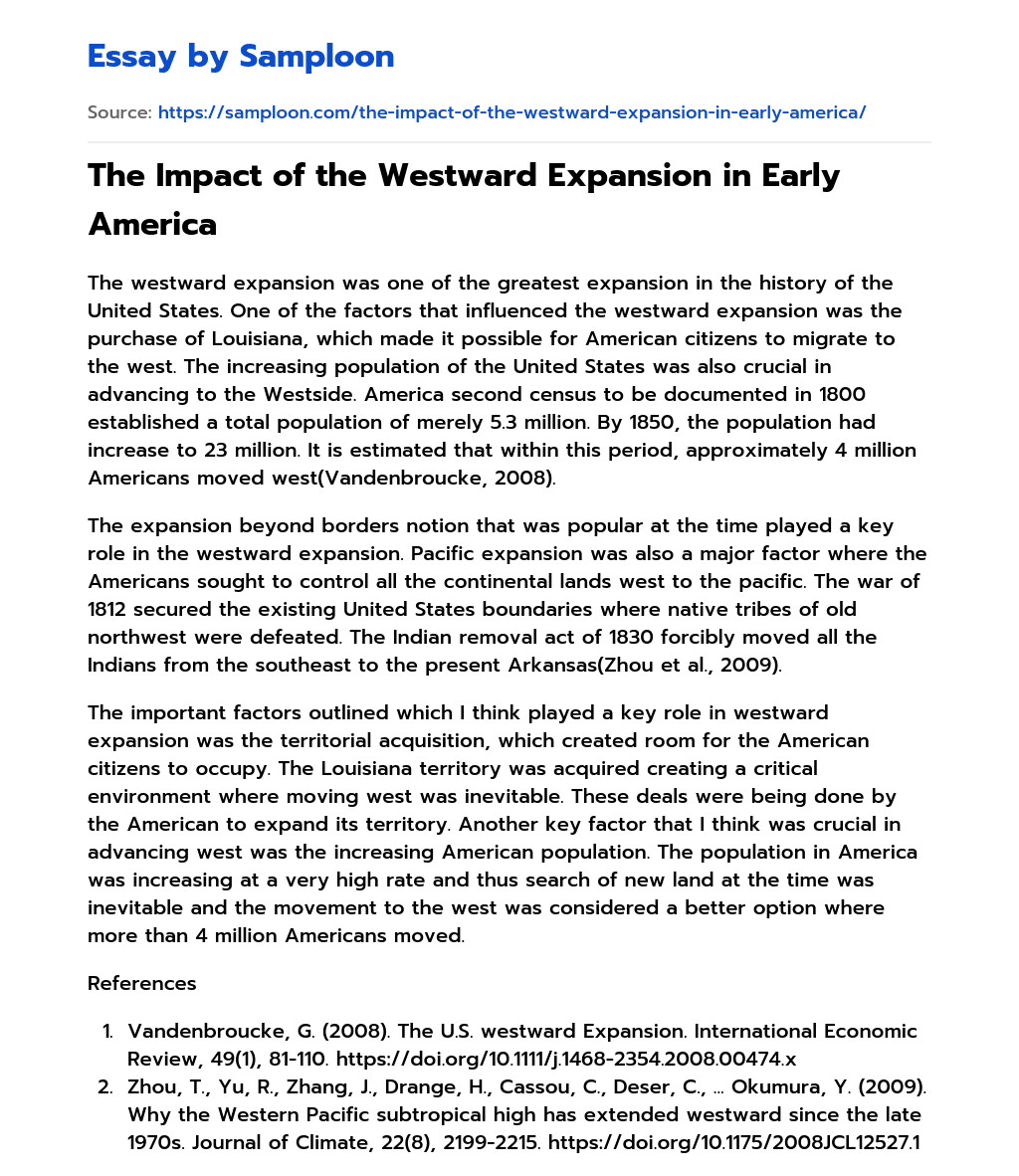 ≫ The Impact of the Westward Expansion in Early America Free Essay