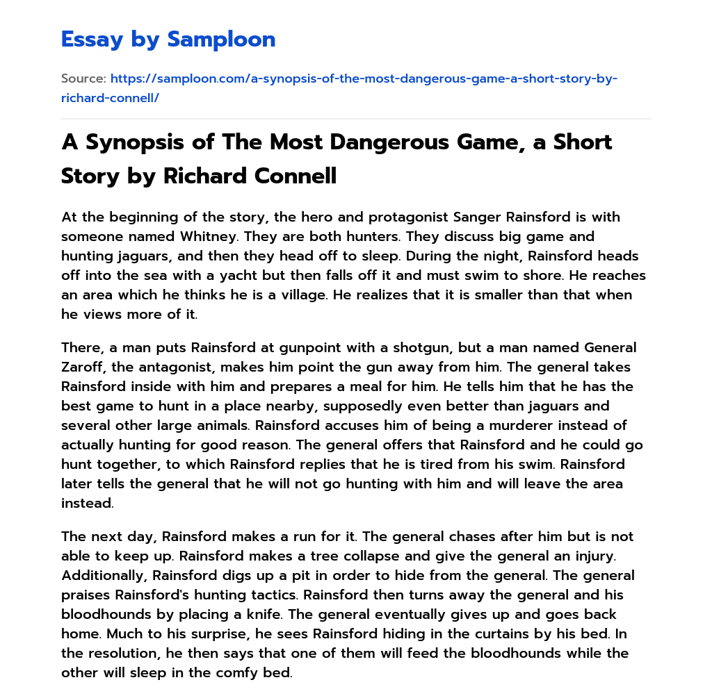 ≫ A Synopsis of The Most Dangerous Game, a Short Story by Richard