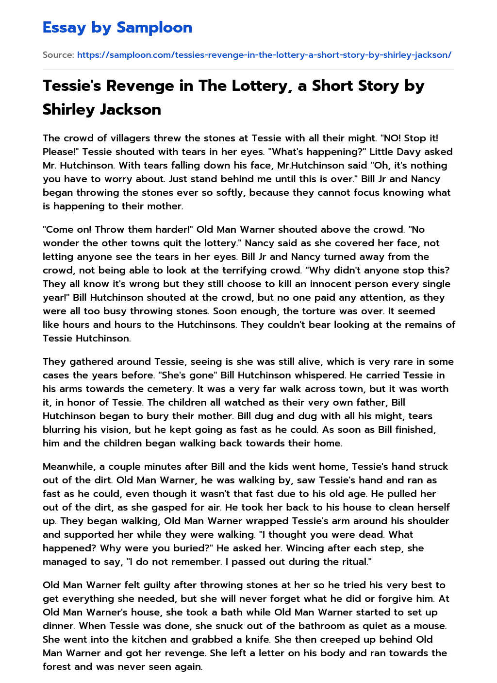 ≫ Tessie's Revenge in The Lottery, a Short Story by Shirley Jackson