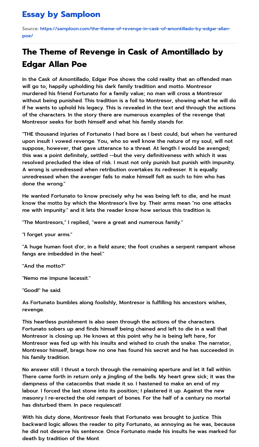 ≫ The Theme of Revenge in Cask of Amontillado by Edgar Allan Poe Free