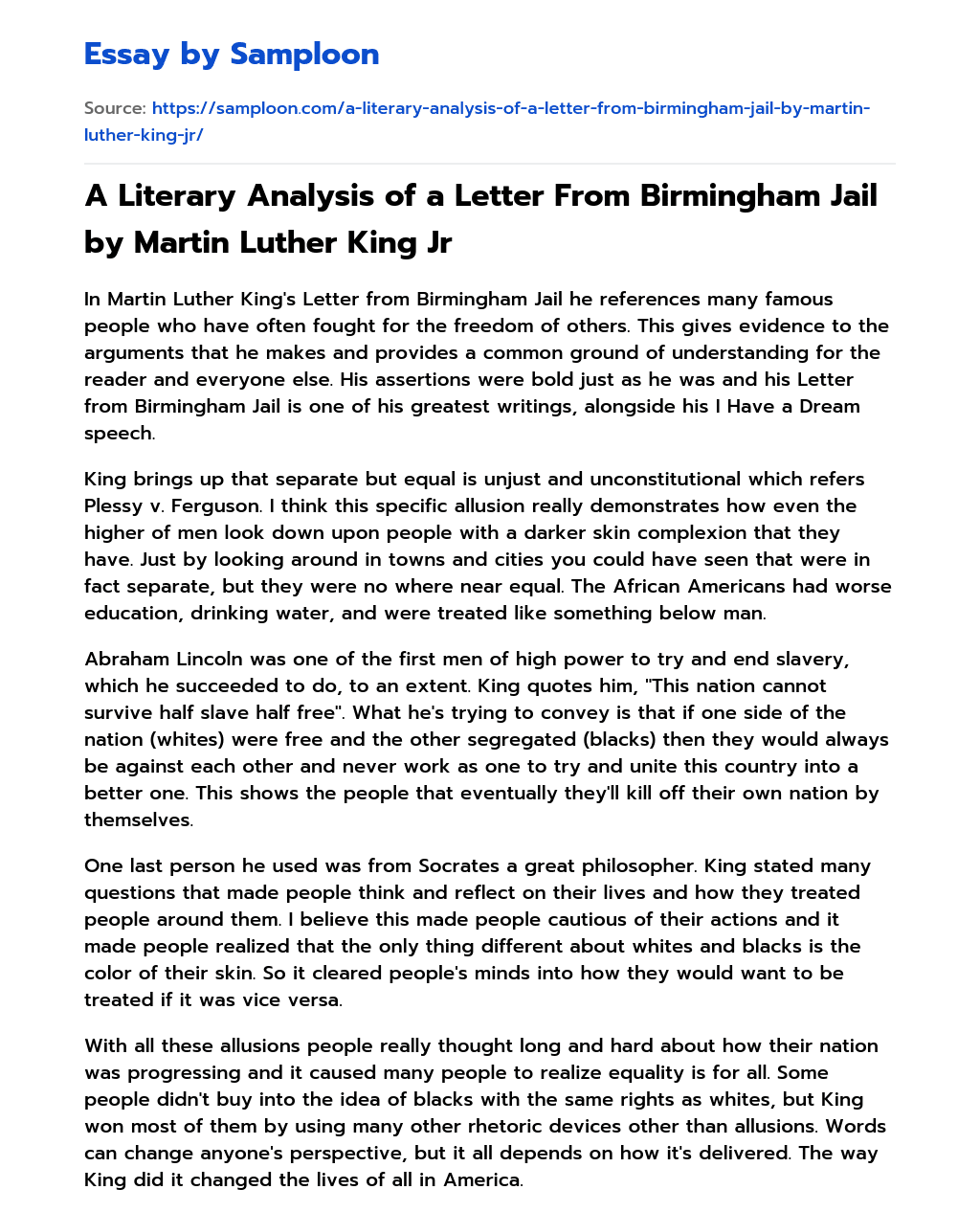 ≫ A Literary Analysis of a Letter From Birmingham Jail by Martin Luther