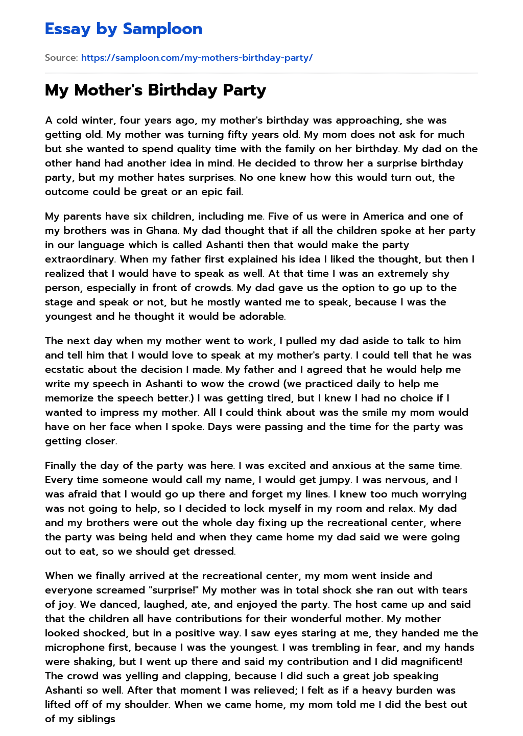 ≫ My Mother's Birthday Party Free Essay Sample on
