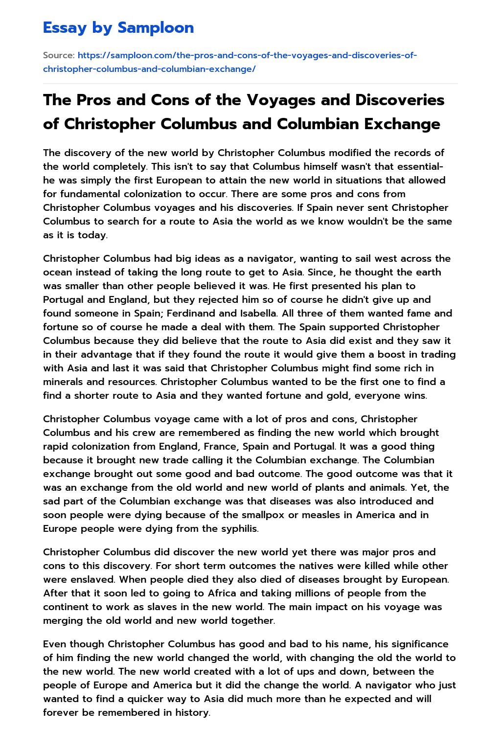 ≫ The Pros and Cons of the Voyages and Discoveries of Christopher