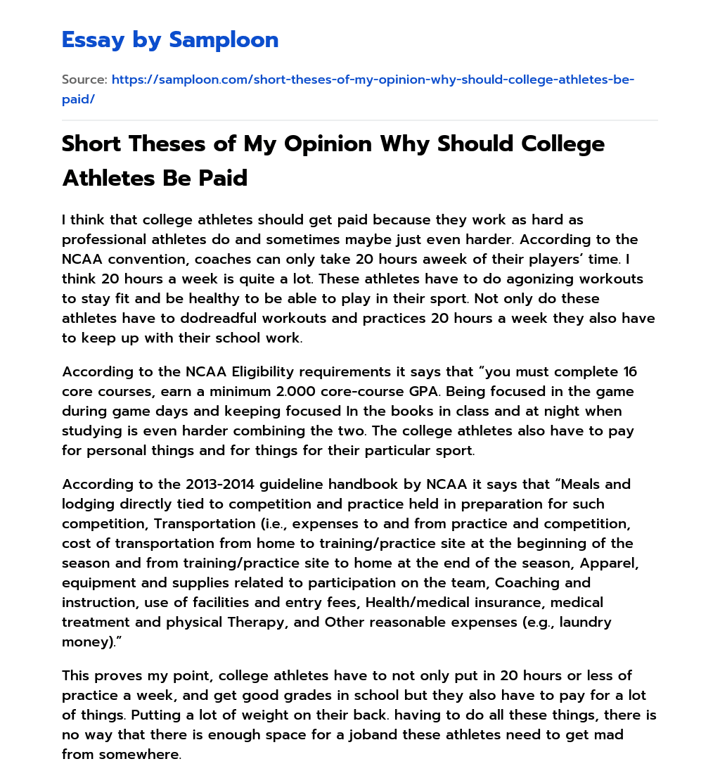 ≫ Short Theses of My Opinion Why Should College Athletes Be Paid Free
