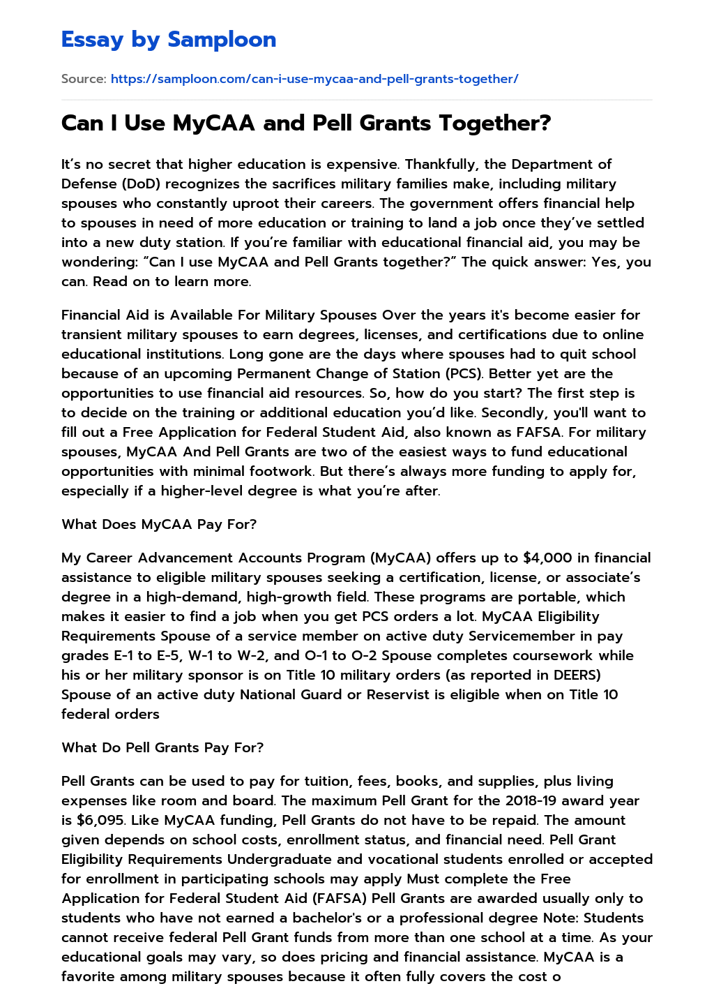 ≫ Can I Use MyCAA and Pell Grants Together? Free Essay Sample on