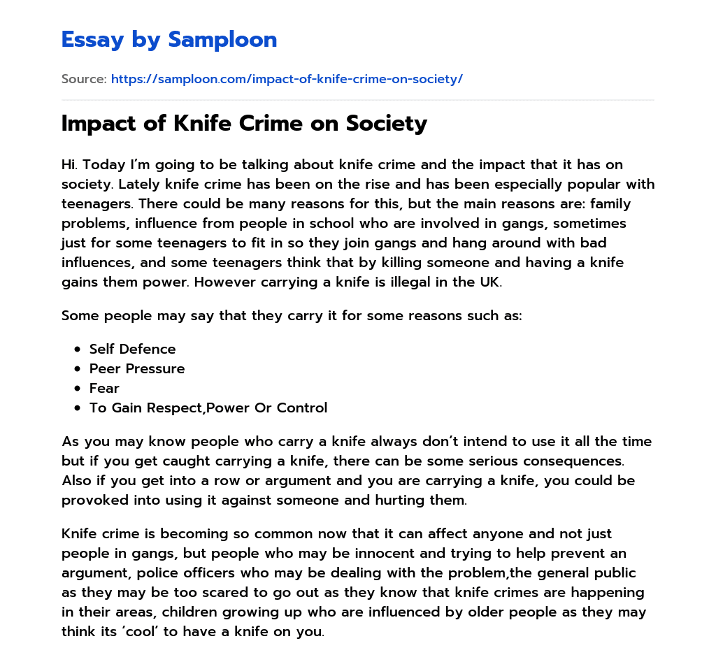 ≫ Impact of Knife Crime on Society Free Essay Sample on