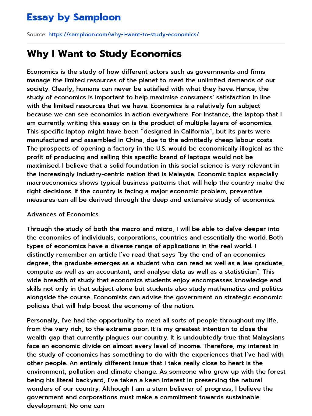 ≫ Why I Want to Study Economics Free Essay Sample on