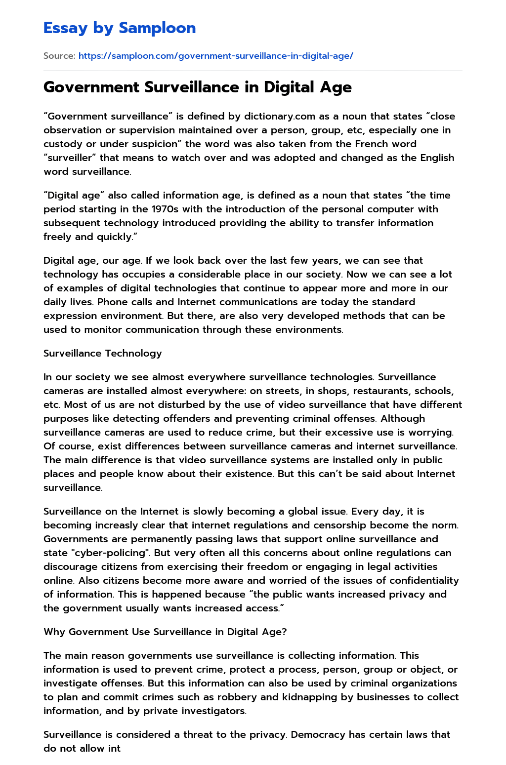 ≫ Government Surveillance in Digital Age Free Essay Sample on