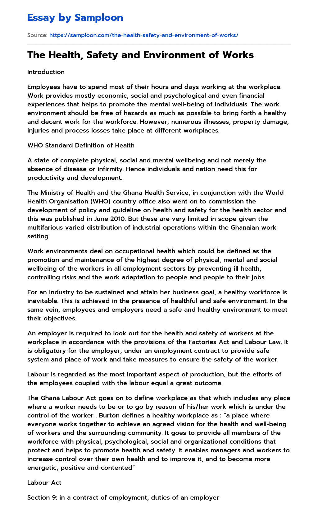 ≫ The Health, Safety and Environment of Works Free Essay Sample on