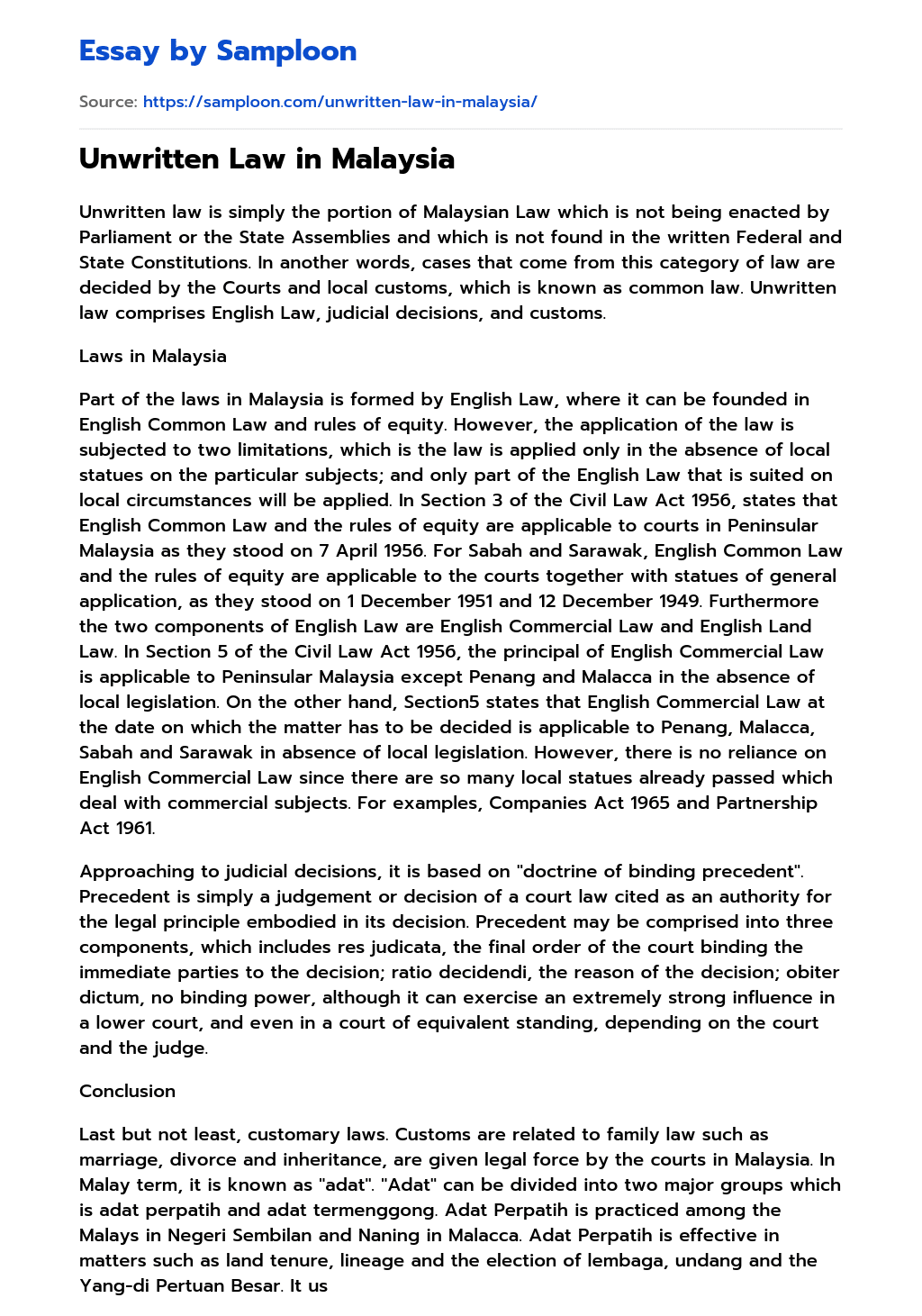 Unwritten Law in Malaysia Free Essay Sample on