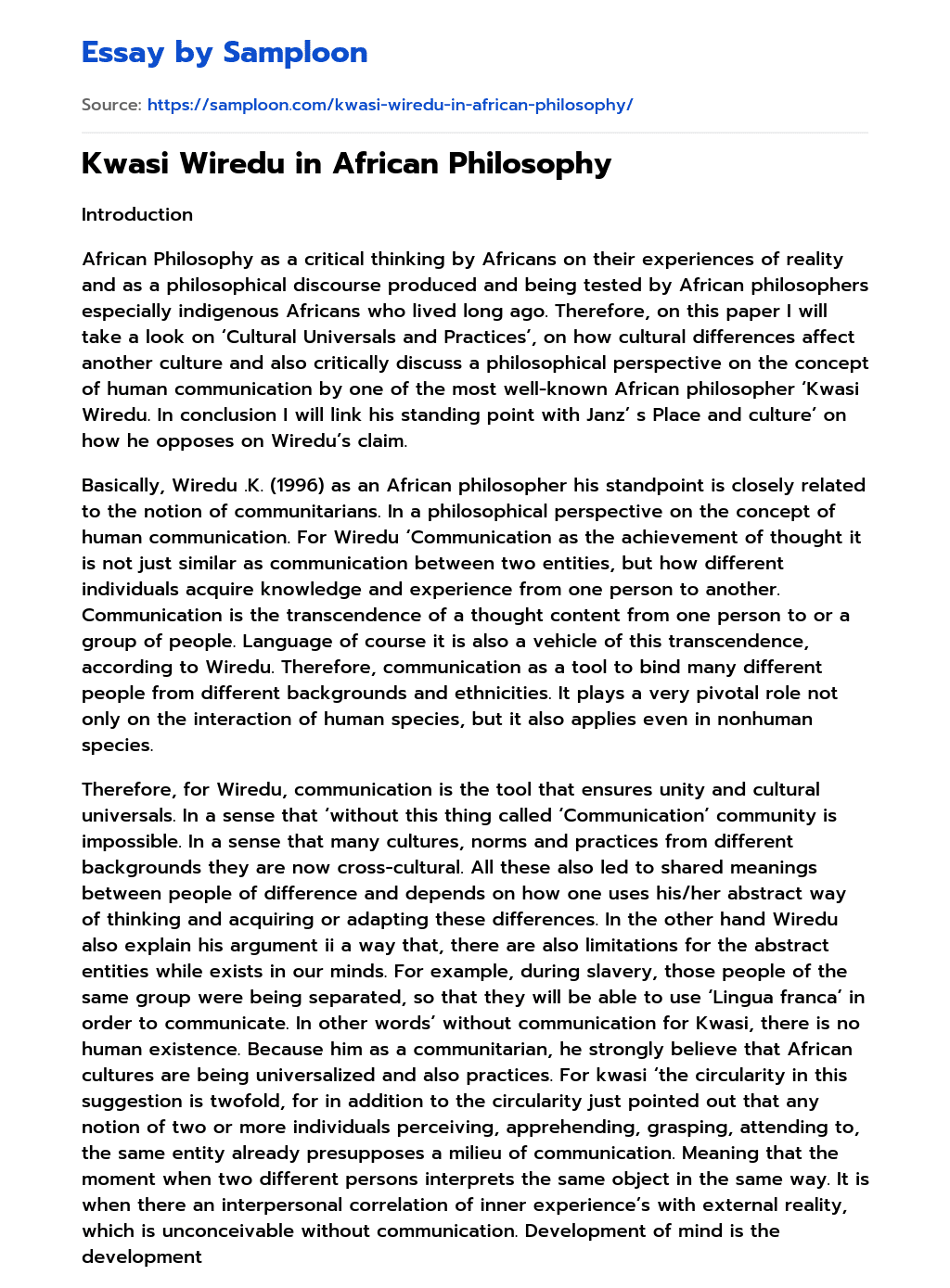 ≫ Kwasi Wiredu in African Philosophy Free Essay Sample on