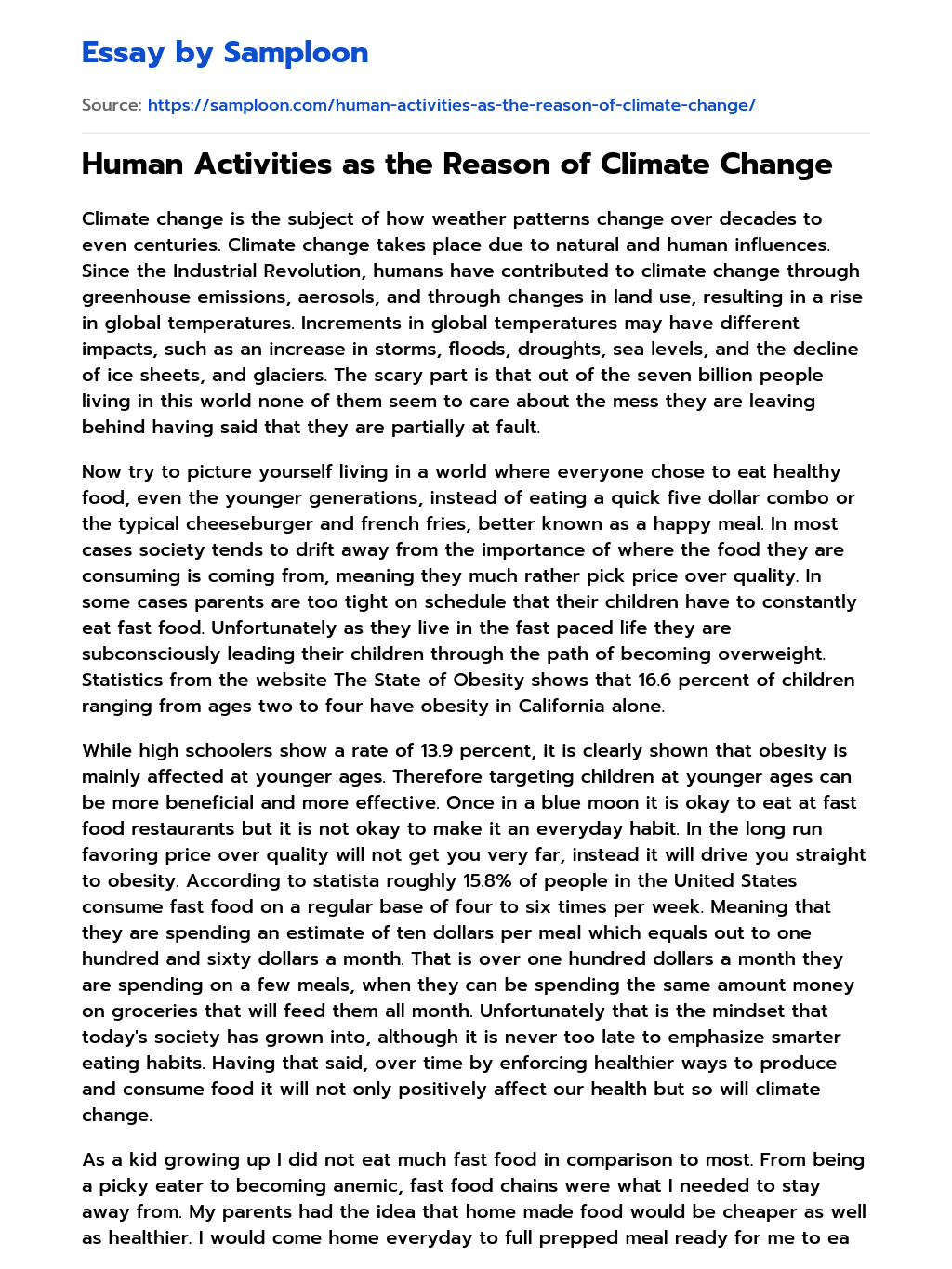 ≫ Human Activities as the Reason of Climate Change Free Essay Sample on