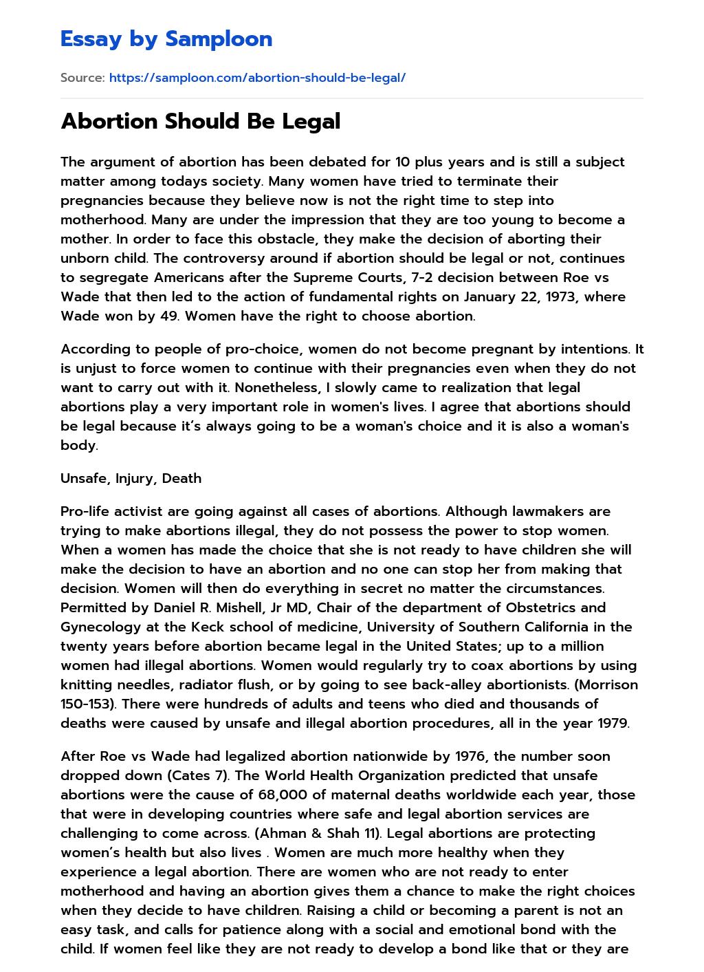 ≫ Abortion Should Be Legal Free Essay Sample on