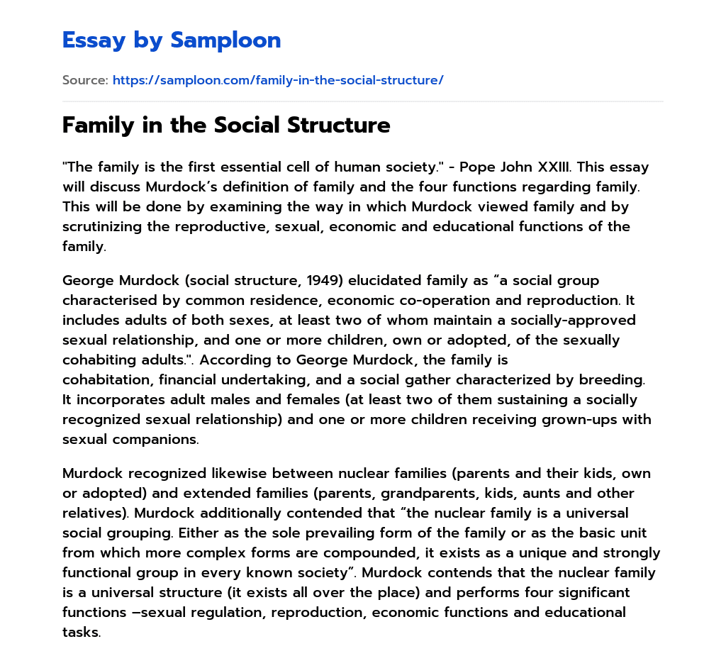 Family in the Social Structure Argumentative Essay on