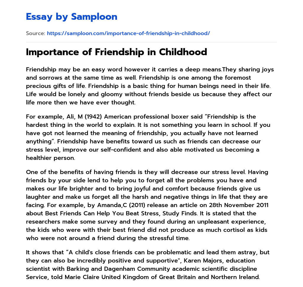 ≫ Importance of Friendship in Childhood Free Essay Sample on