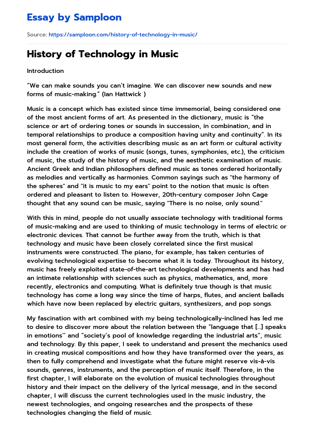 ≫ History of Technology in Music Free Essay Sample on