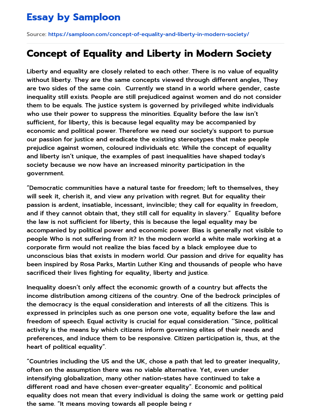 ≫ Concept of Equality and Liberty in Modern Society Free Essay Sample