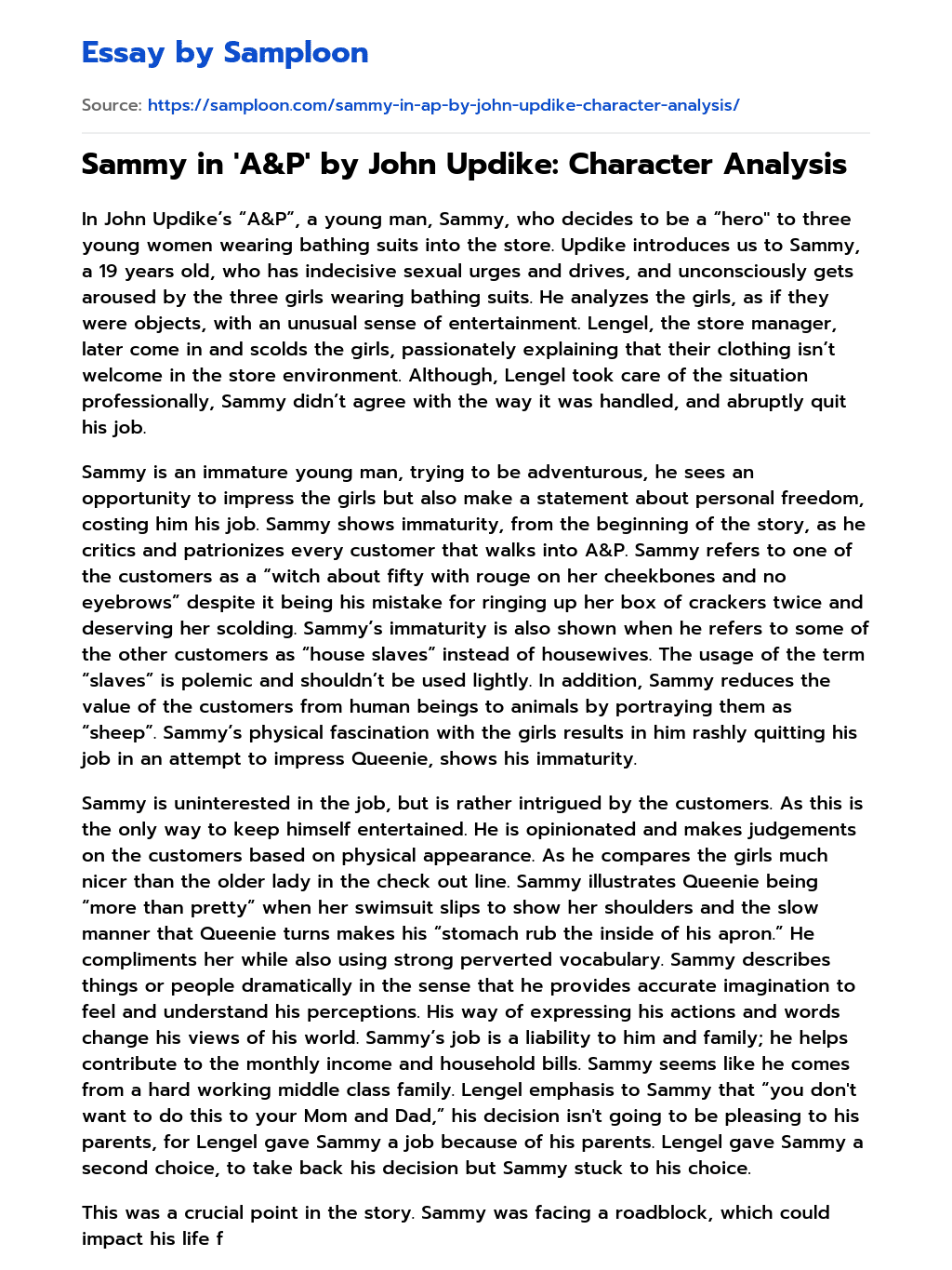 ≫ Sammy in 'A&P' by John Updike Character Analysis Free Essay Sample on