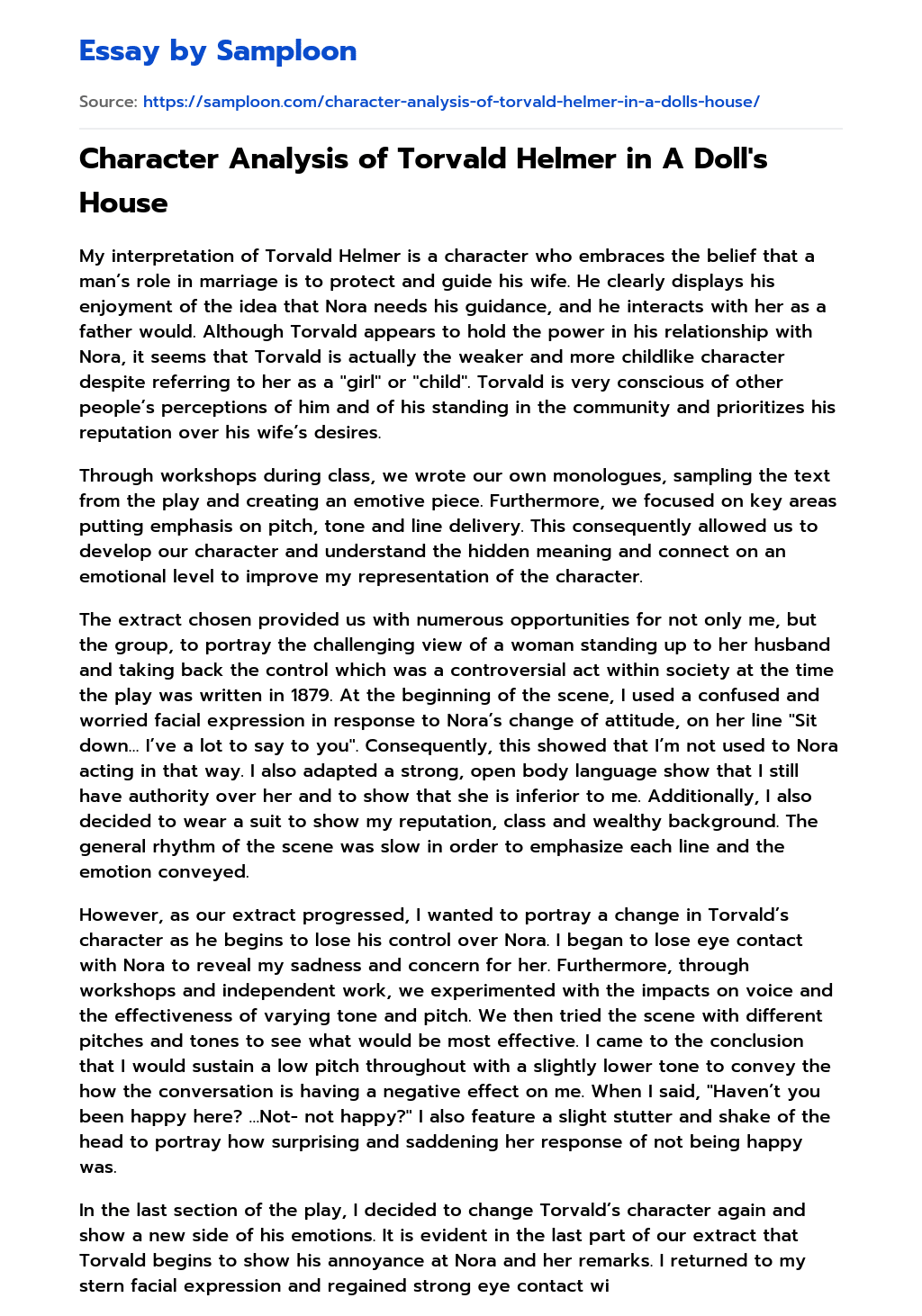 ≫ Character Analysis of Torvald Helmer in A Doll's House Free Essay