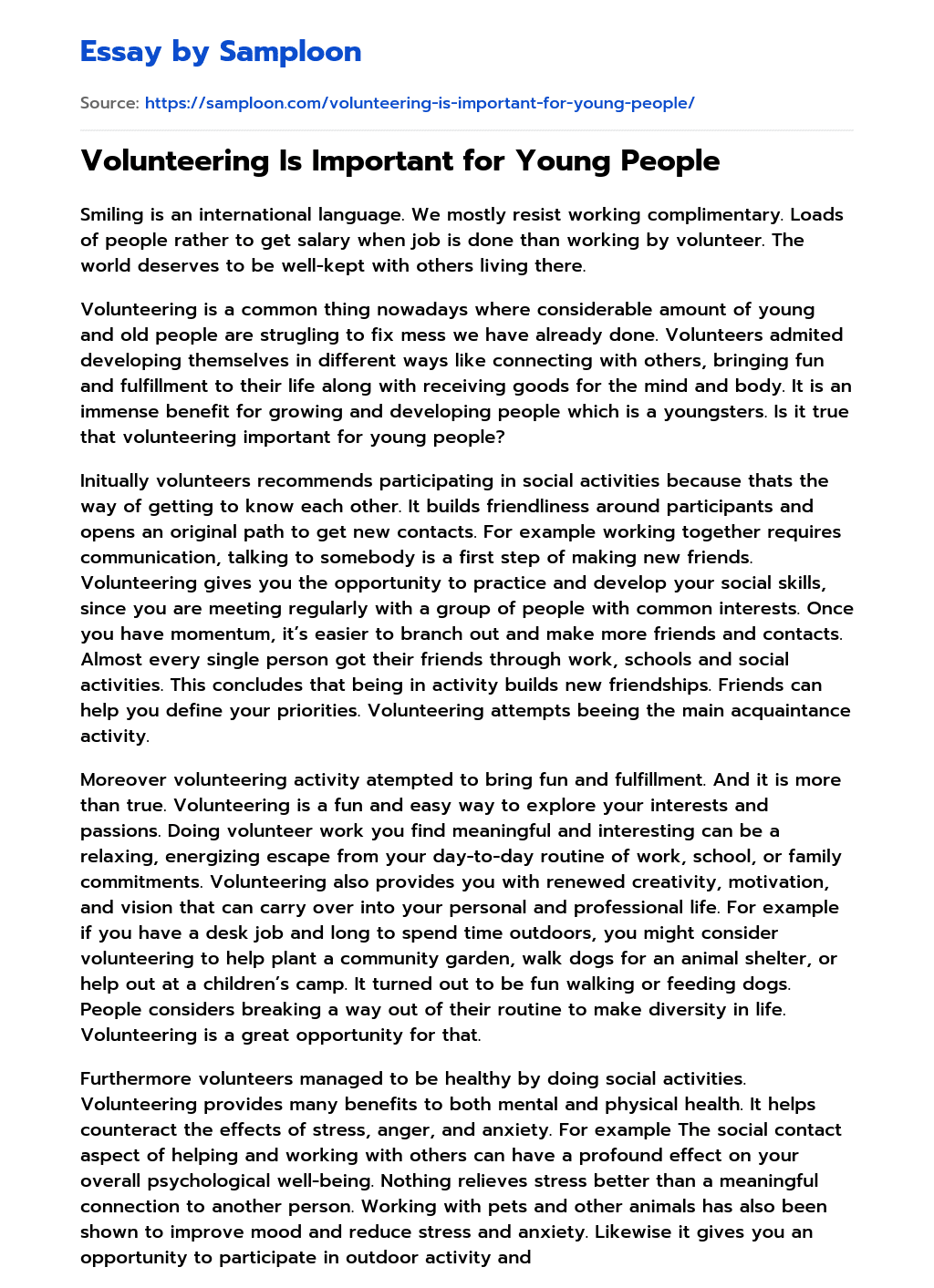 ≫ Volunteering Is Important for Young People Free Essay Sample on