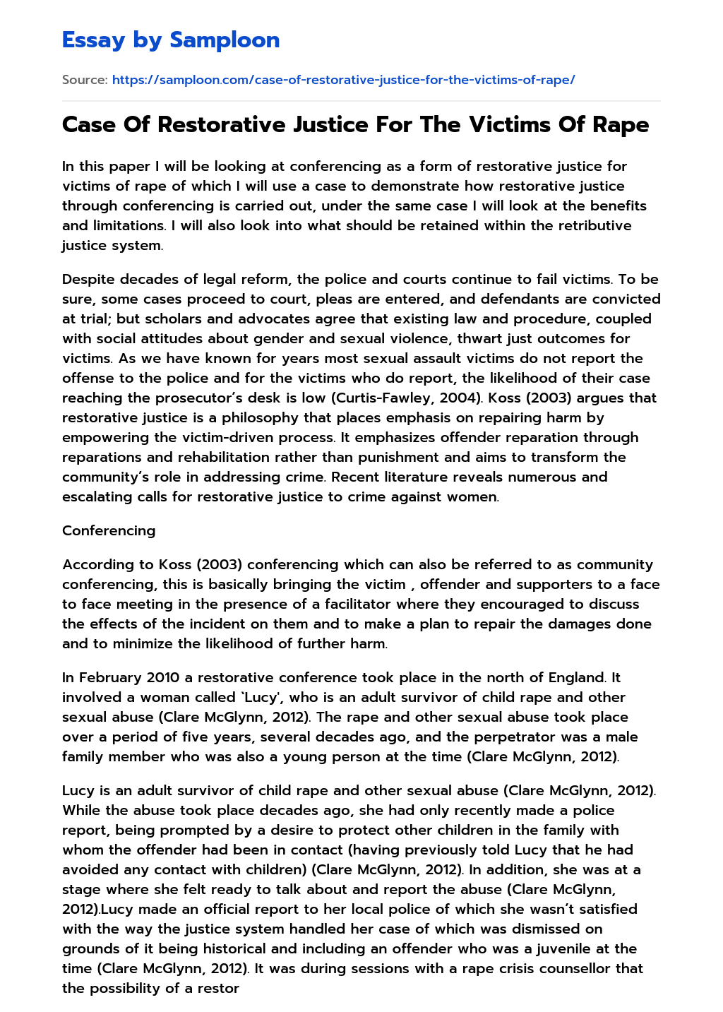 ≫ Case Of Restorative Justice For The Victims Of Rape Free Essay Sample