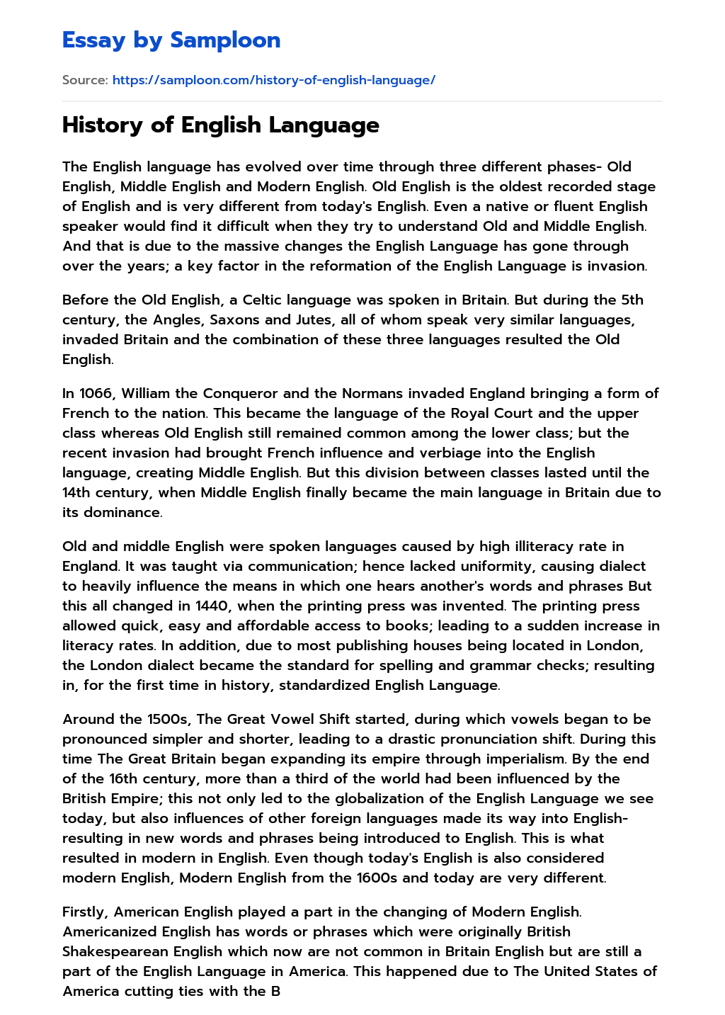 ≫ History of English Language Free Essay Sample on